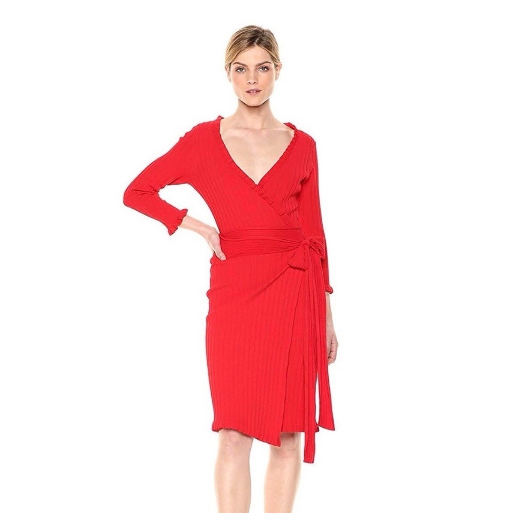 Milly Midi Dress Womens Medium M Red Faux Wrap Ruffle‎ V-Neck 3/4 Sleeve Ribbed